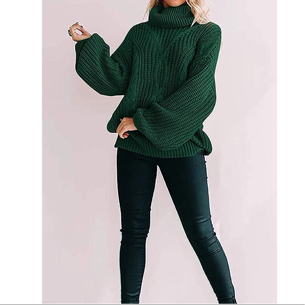 Turtleneck Sweater Cable Knit Oversized Pullover - Picture 2 of 6